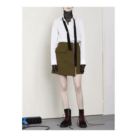 预售 Mo＆Co．/摩安珂 褐绿色口袋拉链饰女士秋冬半身裙短裙商品大图