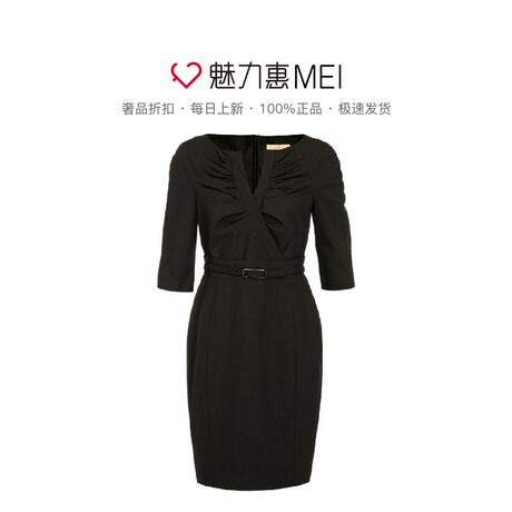预售 Ports/宝姿 黑色交叉设计腰带饰中袖连衣裙商品大图