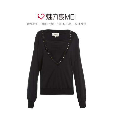 预售 Ports/宝姿 黑色羊毛水钻装饰宽松秋冬女士长袖毛衣商品大图