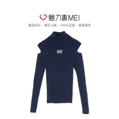 预售 Mo＆Co．/摩安珂 海军蓝色字母高领女士秋冬挖肩针织毛衫商品大图
