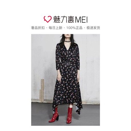 预售 Mo&Co. 黑色V领七分袖印花连衣裙商品大图
