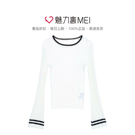预售 Mo&Co. 本白色针织圆领微喇叭长袖上衣商品大图
