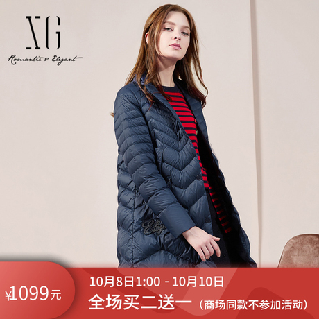 xg女装2018冬装新款欧美通勤百搭长袖中长款西装领加厚羽绒服外套商品大图