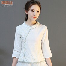 民国风棉麻刺绣唐装女春秋新款民族风复古盘扣改良旗袍七分袖上衣图片
