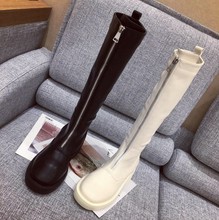2018秋冬欧美粗跟瘦腿直筒靴前拉链平底长筒靴女骑士靴高筒马靴子