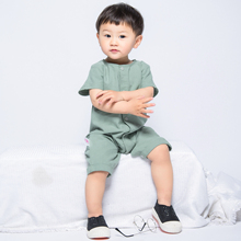 连体衣女儿童2 七分裤 棉麻短袖 ins婴儿哈衣男纯棉爬行服夏宝宝薄款