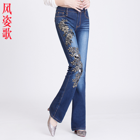 风姿歌 2018夏季弹力亮片钉珠刺绣微喇牛仔裤民族风女装长裤3259商品大图