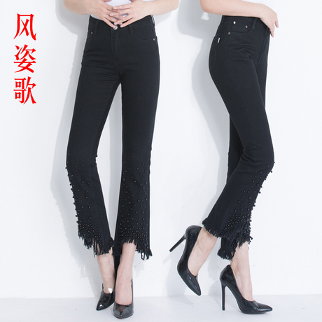 风姿歌2018夏季黑色钉珠牛仔裤女九分裤微喇裤大码显瘦弹力638商品大图