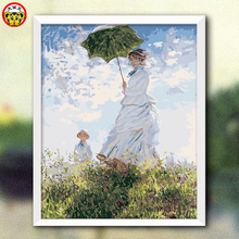 diy数字油画莫奈名画撑阳伞的女人睡莲日出印象茶树花日本桥风景