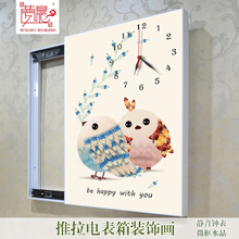 饰画竖款 挂钟无框画电闸遮挡挂画客厅免打孔静音钟表 推拉电表箱装