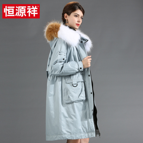 恒源祥羽绒服女中长款2018冬季韩版过膝宽松加厚大毛领外套女潮商品大图