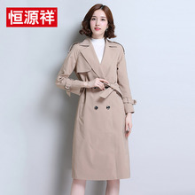 恒源祥秋冬新品女士纯色中长款风衣宽松大码双排扣休闲外套上衣女图片