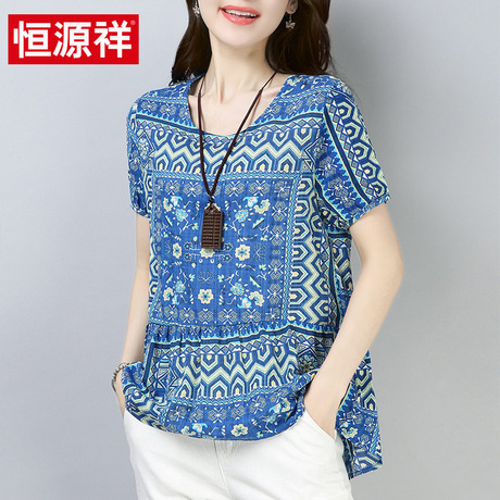 恒源祥雪纺短袖女2018新款夏季女式中长款碎花圆领宽松t恤衫上衣商品大图