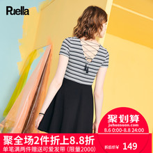 露背条纹连衣裙2018夏季新款女装韩版气质短袖显瘦收腰A字短裙子图片