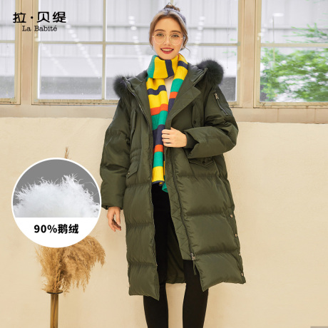 大毛领羽绒服女装拉夏贝尔2018新款中长款过膝秋冬季鹅绒外套大衣商品大图