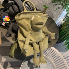 帆布学生双肩包男女同款2019新款韩版百搭旅行包青蛙涂鸦背包大包
