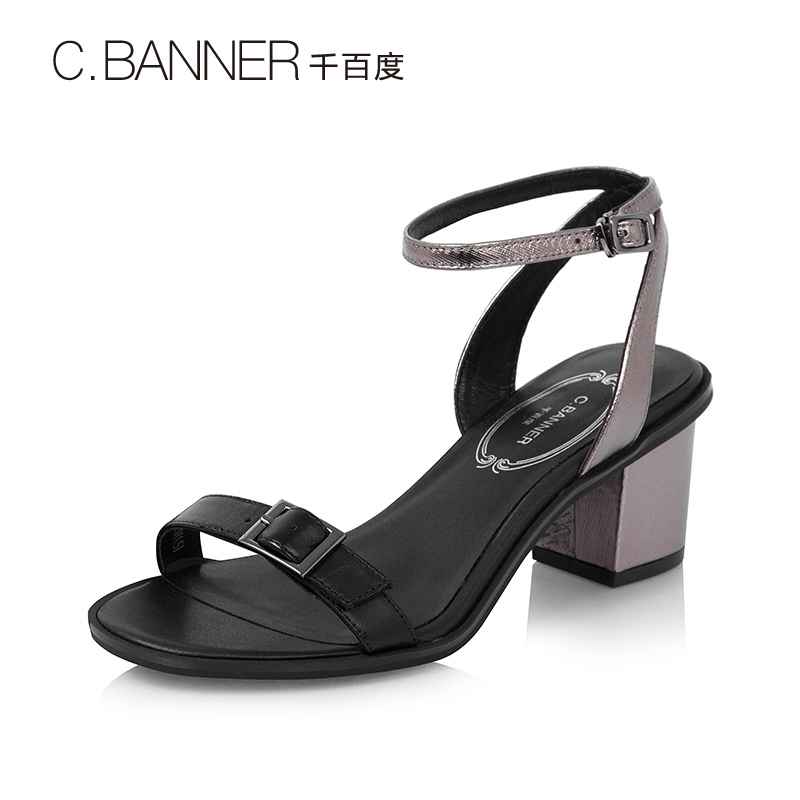 A7363533夏季新品牛皮通勤简约粗高跟女凉鞋2017千百度C.BANNER