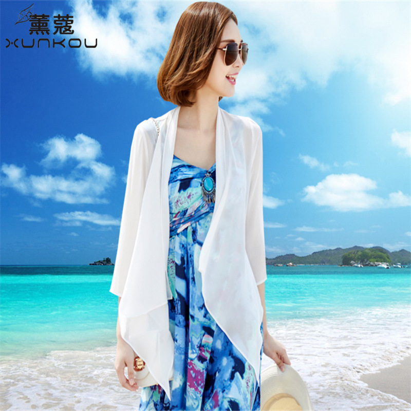 沙滩防晒衣女士雪纺开衫中长外套薄款2018夏