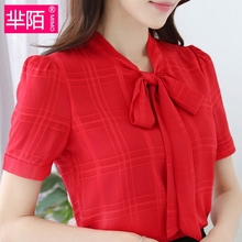 OL通勤淑女款 职业女士上衣夏季短袖 蝴蝶结雪纺女衫 2018新款 雪纺衫