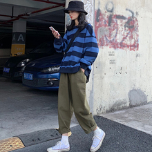 ulzzang宽松百搭撞色条纹长袖 原宿风韩版 阔腿裤 卫衣bf女显瘦工装