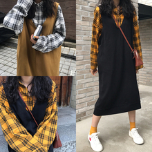 秋冬新款 风宽松百搭bf格子衬衫 简约休闲背心裙套装 胖MM200斤韩版