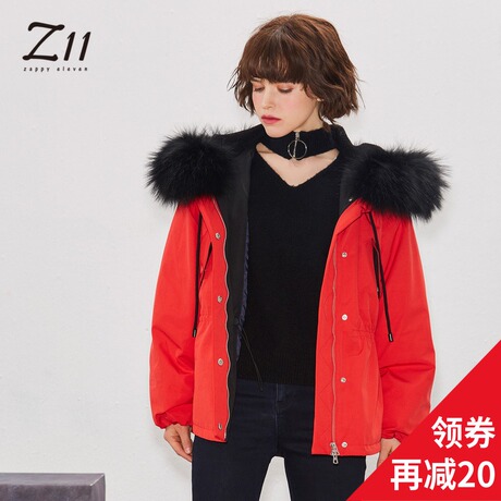 Z11女装2018冬新款宽松纯色超大毛领连帽长袖羽绒服外套Z18DA922商品大图