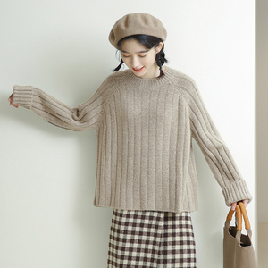 风的告白/自制纯色坑条圆领毛衣