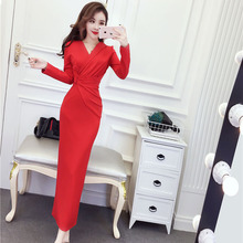 2019新款春秋女装韩版气质名媛V领长袖收腰修身包臀长裙连衣裙女
