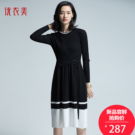 优衣美女装2018秋季新款韩版高腰百褶裙撞色连衣裙32920商品大图
