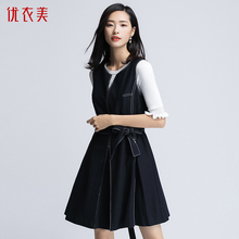 优衣美连衣裙女秋2017新款韩版高腰V领无袖蝴蝶结气质短裙子32752图片