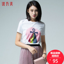 优衣美女装2018秋季新款韩版宽松几何图案印花女装短袖T恤女12576图片