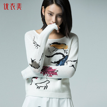 优衣美女装2018秋季新品时尚直筒涂鸦印花圆领短款毛针织衫14346图片