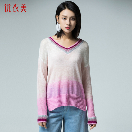 优衣美女装2018秋季新款简约V领条纹套头毛衫宽松女士针织衫15679商品大图