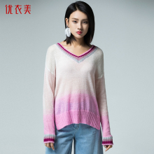 优衣美女装2018秋季新款简约V领条纹套头毛衫宽松女士针织衫15679图片