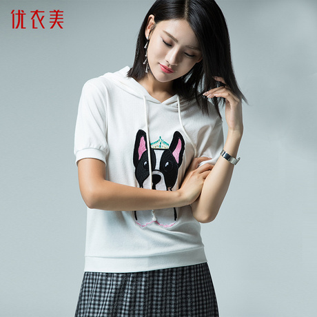 优衣美女装2018秋季新品韩版休闲卫衣连帽宽松动物绣花女T恤3803商品大图
