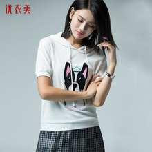优衣美女装2018秋季新品韩版休闲卫衣连帽宽松动物绣花女T恤3803图片