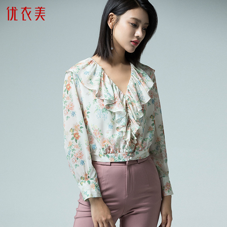 优衣美女装2018秋季新品韩版碎花荷叶边V领短款女雪纺衫11531商品大图