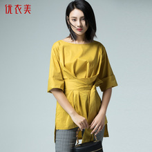 优衣美女装2018秋季新品简约圆领宽松系带上衣女七分袖衬衫11530图片