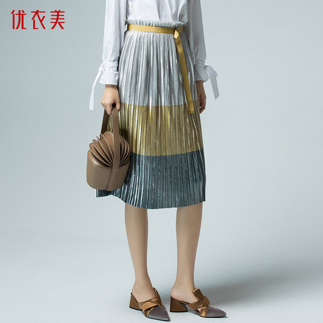 优衣美女装2018秋季新品彩色拼接a字裙条纹松紧腰半身裙子31402商品大图