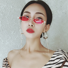 韩国扁圆超窄框ins超火眼镜红色带链条墨镜女网红同款 小脸太阳镜