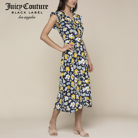 Juicy Couture时尚花卉图案印花V领无袖中长连衣裙商品大图