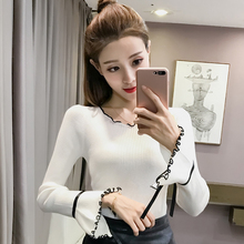2018新款女装秋季套头针织衫修身打底衫长袖韩版花边喇叭袖上衣图片