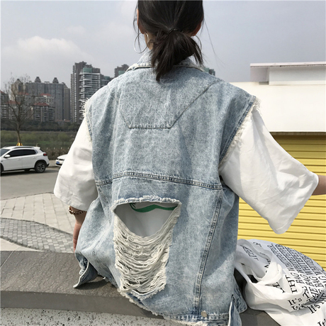 秋装女装韩版个性破洞做旧毛边宽松牛仔夹克学生无袖外套马甲背心商品大图