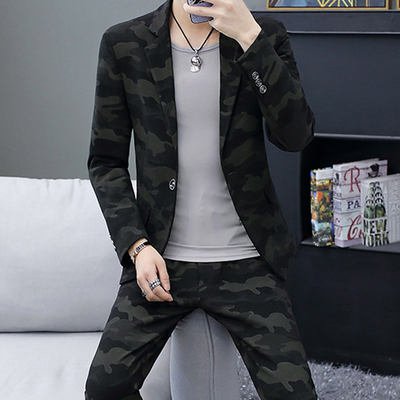 韩版西服套装男士迷彩小西装英伦青年休闲西服三件套修身外套