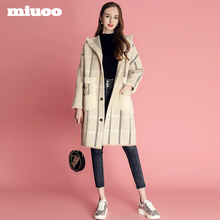 miuco女装2018秋冬新款韩版中长款连帽针织黄金绒百搭时尚外套图片