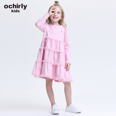 ochirly kids欧时力童装女童新款条纹蕾丝荷叶网纱针织长袖连衣裙