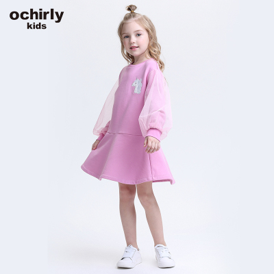 ochirly kids欧时力童装女童2018新款网纱中大童圆领长袖连衣裙
