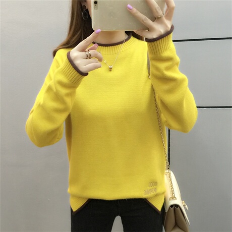 秋冬新款韩版女装夹色领宽松毛衣女套头下摆开叉打底针织衫商品大图