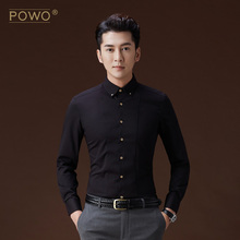 潮流衬衣 POWO长袖 寸衫 衬衫 男装 秋季黑色新款 扣领商务修身 韩版 男士