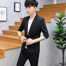 男士西服套装青少年韩版修身帅气西装三件套学生休闲7分袖西装潮